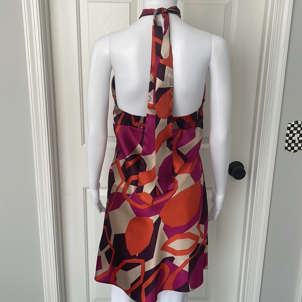 NWOT KLD Signature Abstract Print Silk Slip Satin Vintage Halter Mini Dress -M - Picture 4 of 9